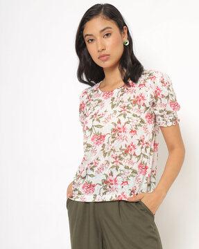 floral print round-neck t-shirt with puff sleeves