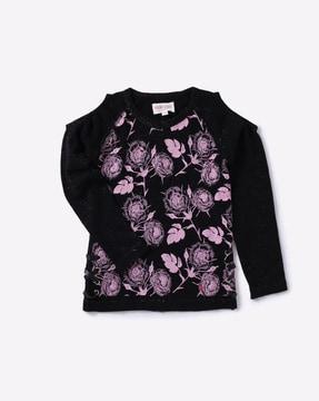 floral print shimmery cold-shoulder sweatshirt