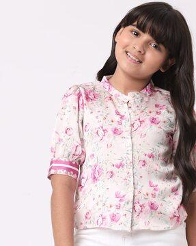 floral print shirt with band collar