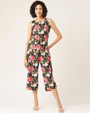 floral print sleeveless jumpsuit with waist tie-up