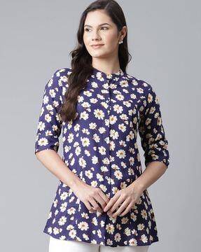 floral print slim fit tunic with roll-up sleeves