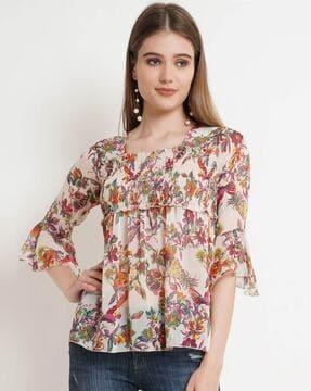 floral print square-neck top with flounce sleeves
