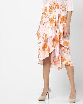 floral print tiered skirt with tie-up