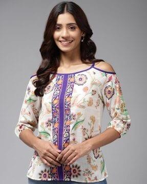 floral print top with cold-shoulder sleeves