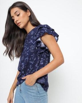 floral print top with flutter sleeves