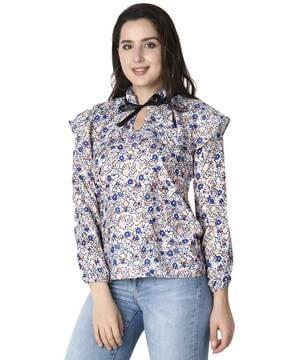 floral print top with neck-tie up