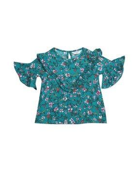 floral print top with ruffle trim