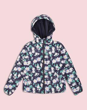 floral print zip-front hooded jacket