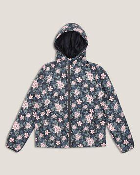floral print zip-front hooded jacket