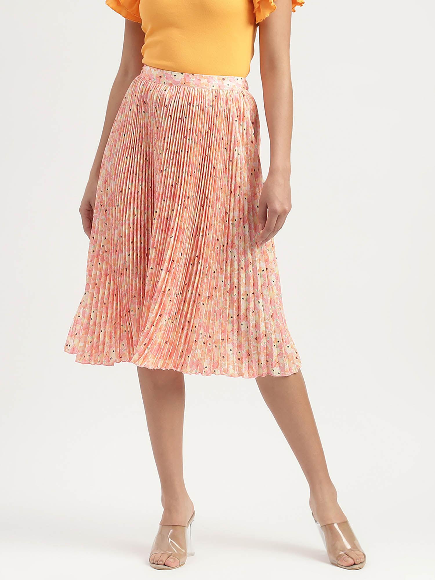 floral printed pleated a line peach midi skirt