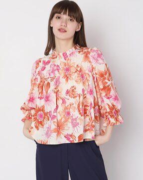 floral printed top with pleated yoke