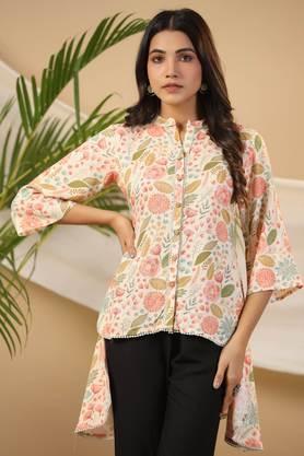 floral-rayon-collared-women's-tunic---ivory