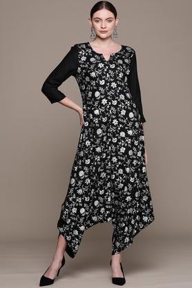 floral rayon regular fit women's jumpsuit - black