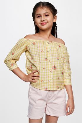 floral rayon round neck girl's tops - yellow