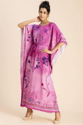 floral rayon round neck women's casual wear kaftan - pink
