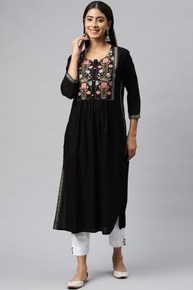 floral rayon round neck women's kurti - black