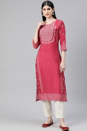floral rayon round neck women's kurti - red