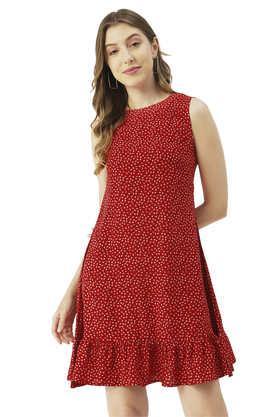 floral rayon round neck women's maxi dress - red