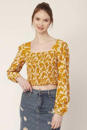 floral rayon square neck women's top - mustard