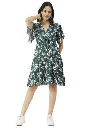 floral rayon v neck women's maxi dress - teal_green