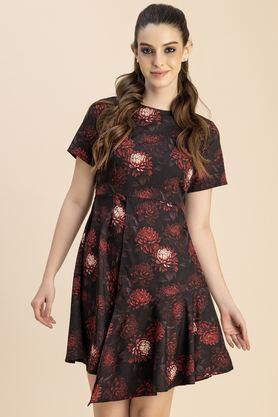 floral round neck crepe women's knee length dress - red
