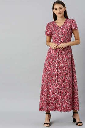 floral round neck crepe women's maxi dress - red
