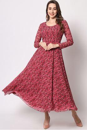 floral round neck georgette women's ankle length ethnic dress - pink