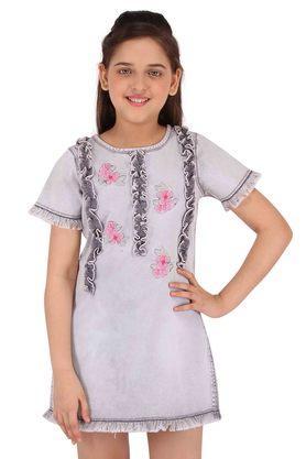 floral round neck girls casual dress - grey