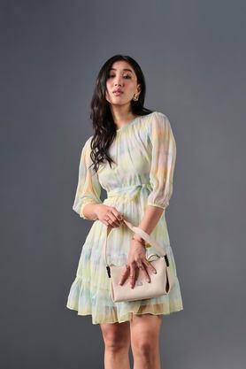 floral round neck polyester women's calf length dress - multi