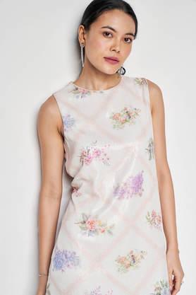 floral round neck polyester women's mini dress - cream