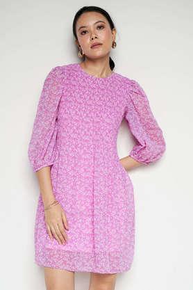 floral round neck polyester women's mini dress - pink
