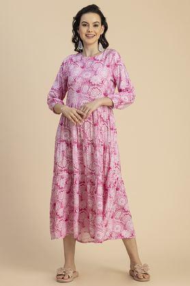 floral round neck rayon women's full length dress - pink