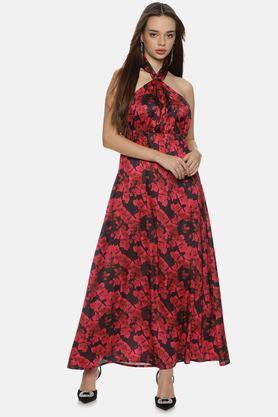 floral satin halter neck women's maxi dress - red