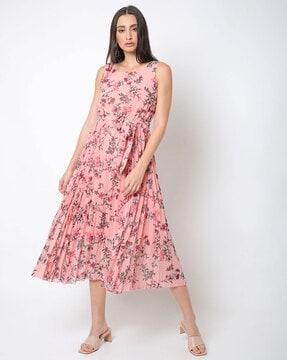 floral sleeveless a-line dress with waist tie-up