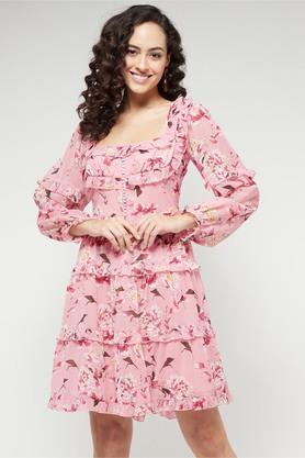 floral square neck georgette womens dress - pink