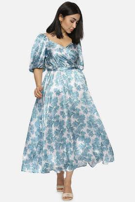 floral-sweetheart-neck-satin-women's-dress---blue