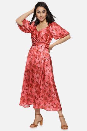 floral-sweetheart-neck-satin-women's-dress---red