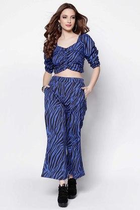 floral three quarter sleeves polyester women's regular jumpsuits - blue