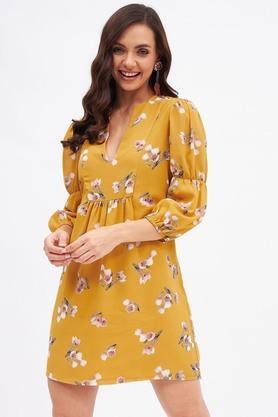 floral v neck polyester women's mini dress - mustard