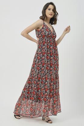 floral v-neck chiffon women's full length dress - dark_red
