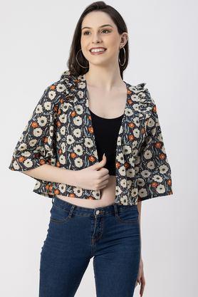 floral v-neck cotton women's casual wear jacket - multi color