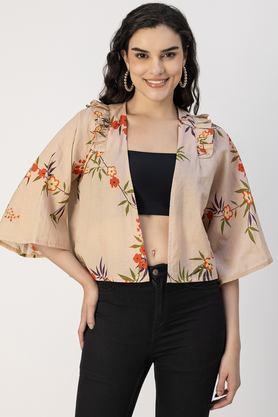 floral v-neck cotton women's casual wear jacket - natural