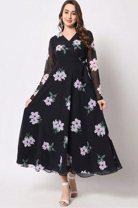 floral v-neck georgette women's ankle length ethnic dress - black