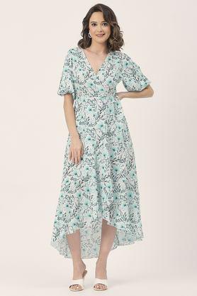 floral v-neck georgette women's knee length dress - mint