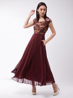 floral v-neck georgette women's maxi dress - maroon