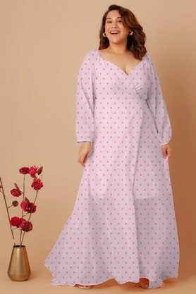 floral v-neck polyester women's full length dress - pink