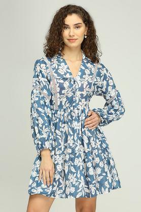 floral v-neck polyester women's mini dress - blue
