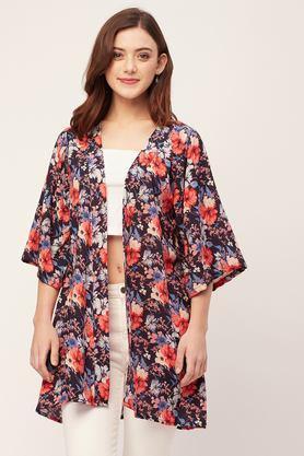 floral v-neck rayon women's casual wear shrug - navy