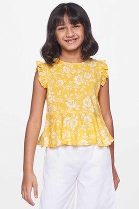 floral viscose round neck girls top - yellow