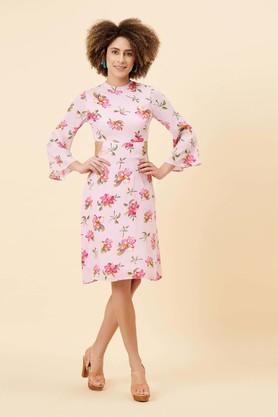 floral viscose round neck women's knee length dress - pink
